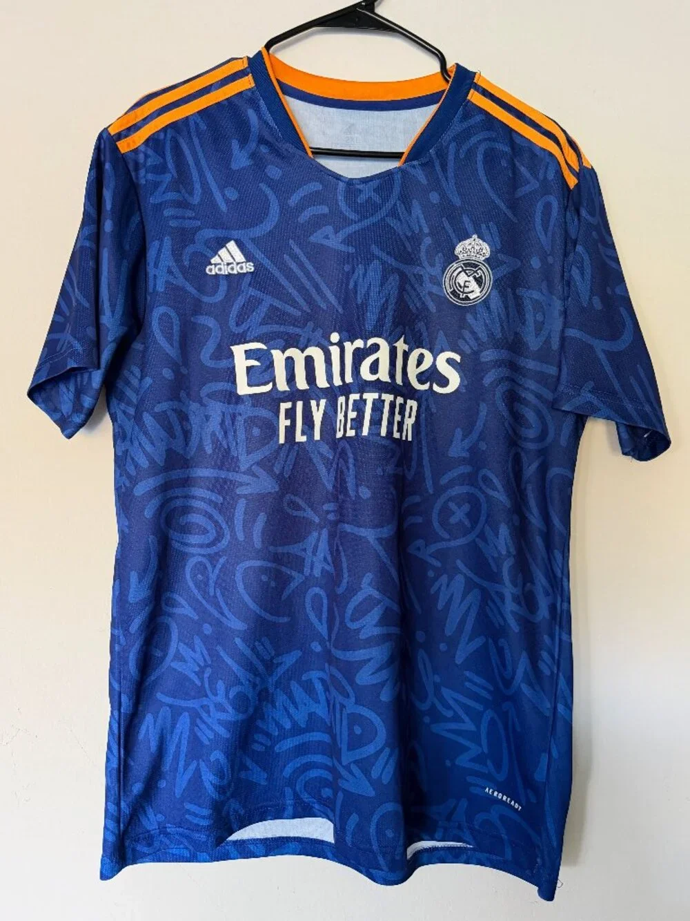 Adidas Real Madrid 2XL Blue Graffiti Pre Match Soccer Jersey